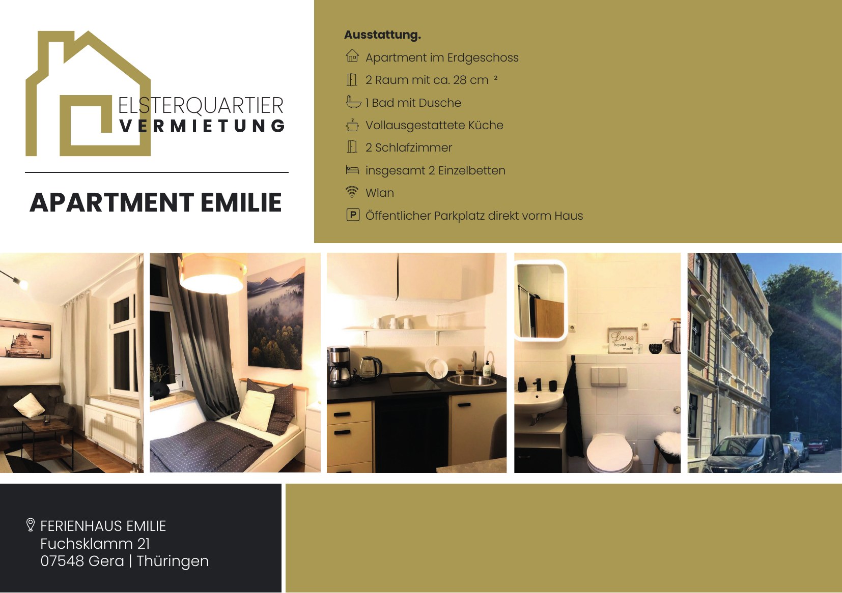 Apartment Emilie Gera - Erdgeschoss, 28 qm, Küche, Duschbad, 2 Einzelbetten, WLAN, Fuchsklamm 21