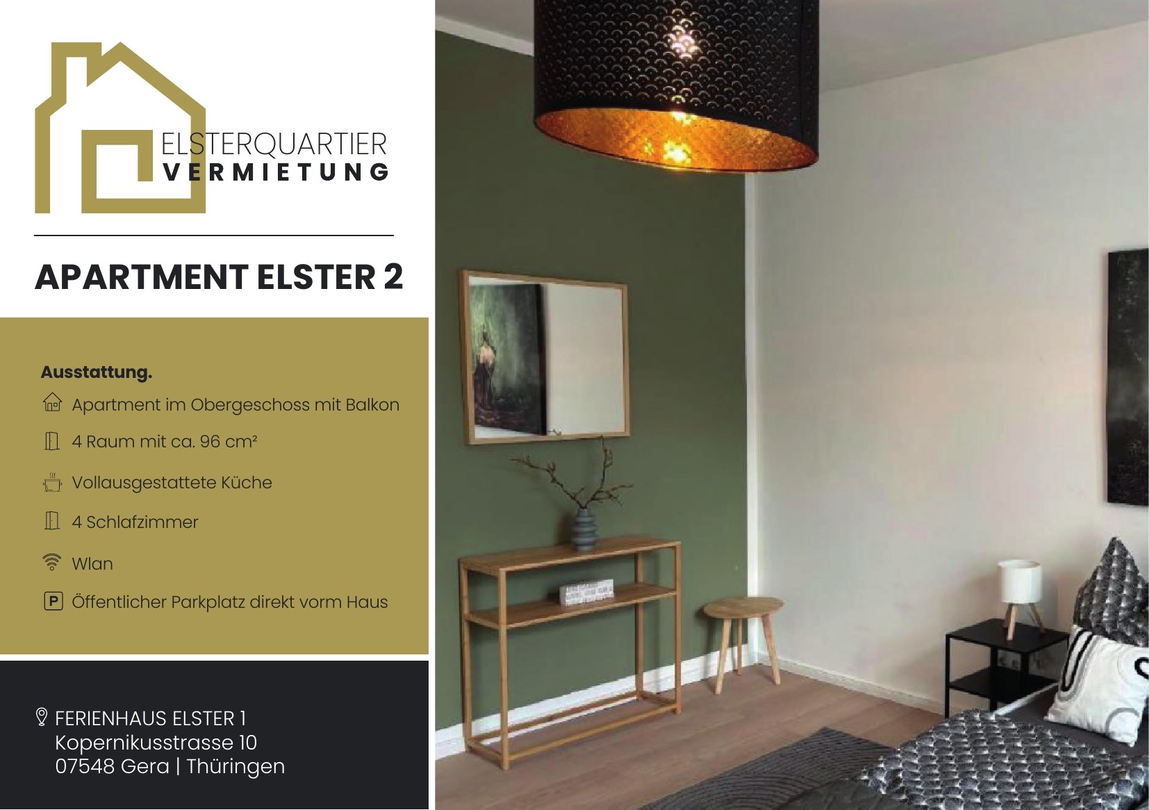 Apartment Elster 2 Gera - Obergeschoss mit Balkon, 96 qm, 4 Schlafzimmer, Küche, WLAN, Kopernikusstrasse 10